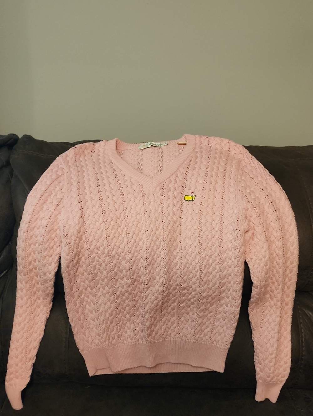 Magnolia Lane Women’s Pink Cable Knit V-Neck Sweater with Masters Logo
